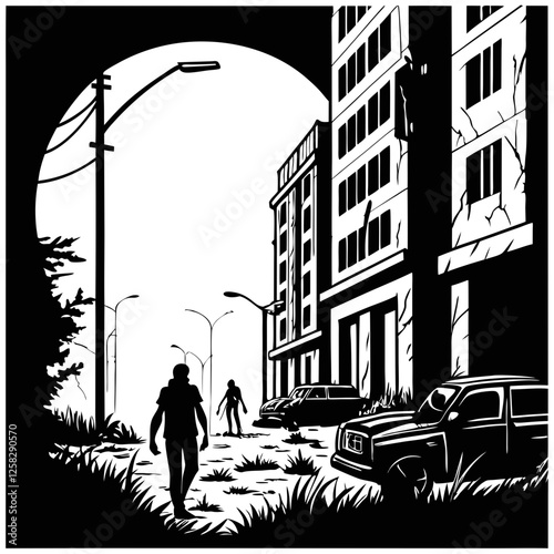 A decaying city overrun by a massive horde of decomposing zombies shambling through rubble-strewn streets in a post-apocalyptic wasteland.