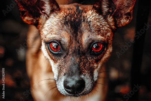 A portrait of a dog with striking red eyes, captured against a softly blurred background, creating a mysterious and intense look photo