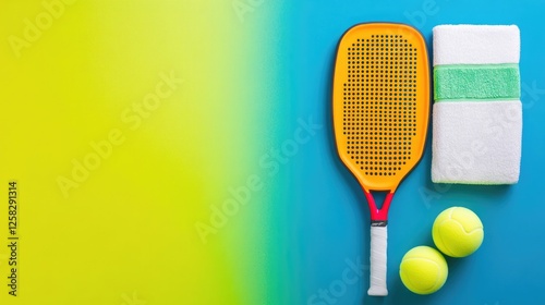 A sleek padel racket balls and towel arranged on a gradient background from navy blue to neon green highlighted by highkey lighting for a modern look photo