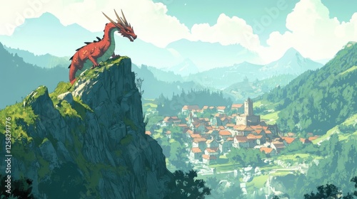 Red Dragon Perched Upon a Cliff Overlooking a Village