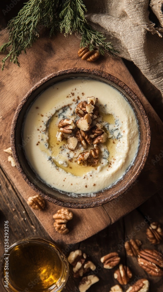 Creamy Gorgonzola cheese dip served with nuts and a drizzle of honey on rustic wood Creamy Gorgonzola cheese dip served with nuts and a drizzle of honey on rustic wood