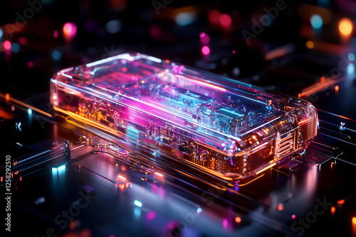 Futuristic quantum expansion card with clear casing, showcasing complex quantum processing unit surrounded by floating data streams and holographic symbols for advanced technology photo