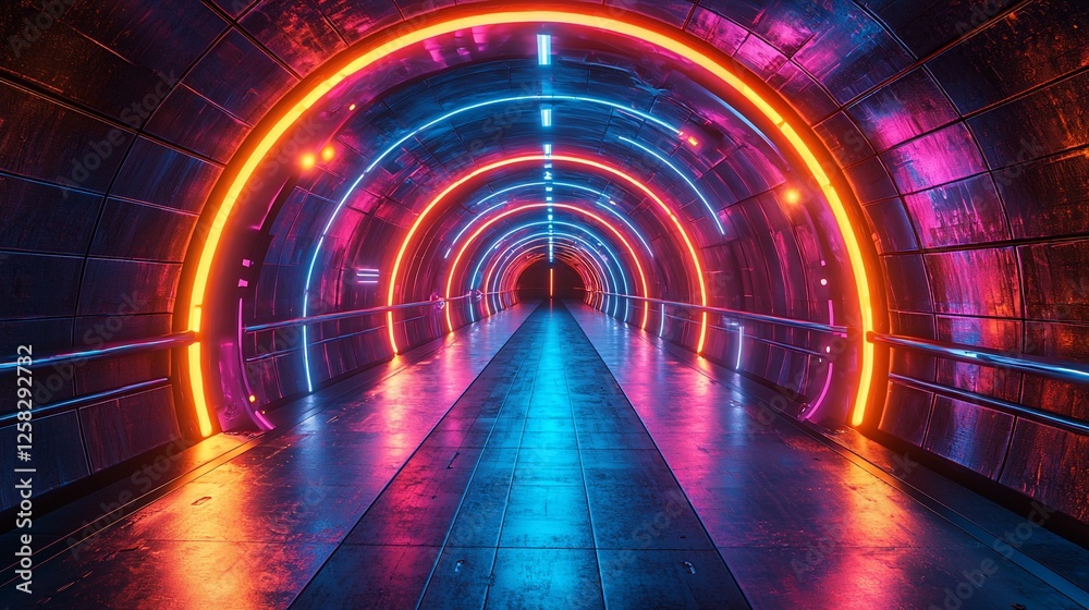 Futuristic tunnel illuminated with vibrant neon lights, leading into a dark abyss Futuristic tunnel illuminated with vibrant neon lights, leading into a dark abyss