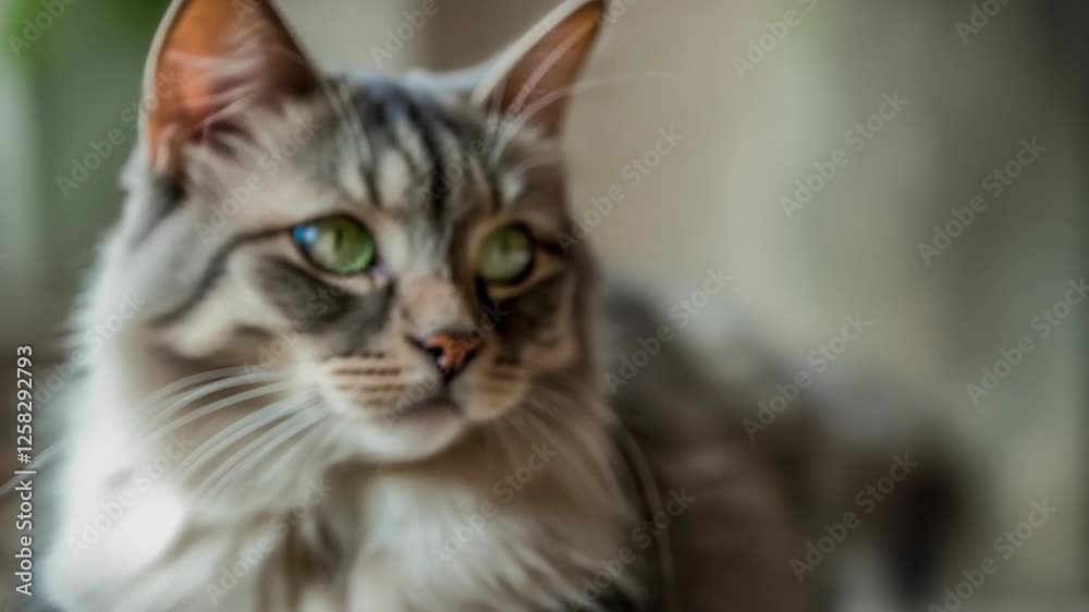Beautiful fluffy cat with striking green eyes sits gracefully by a window enjoying the warm sunlight in a cozy home setting during a serene afternoon