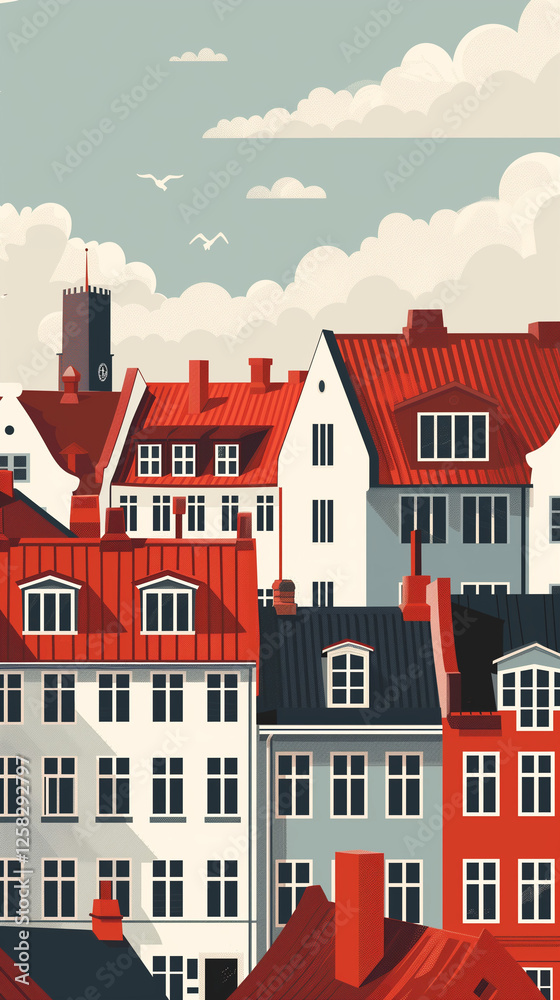 Fototapeta premium copenhagen vector illustration flat design red roofs buildings white clouds minimal clean cityscape