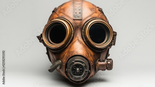 Steampunk gas mask studio shot, leather, bronze, apocalyptic background, cosplay