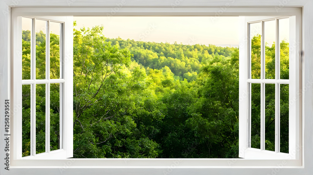 Fototapeta premium Open White Window with Lush Green Landscape View