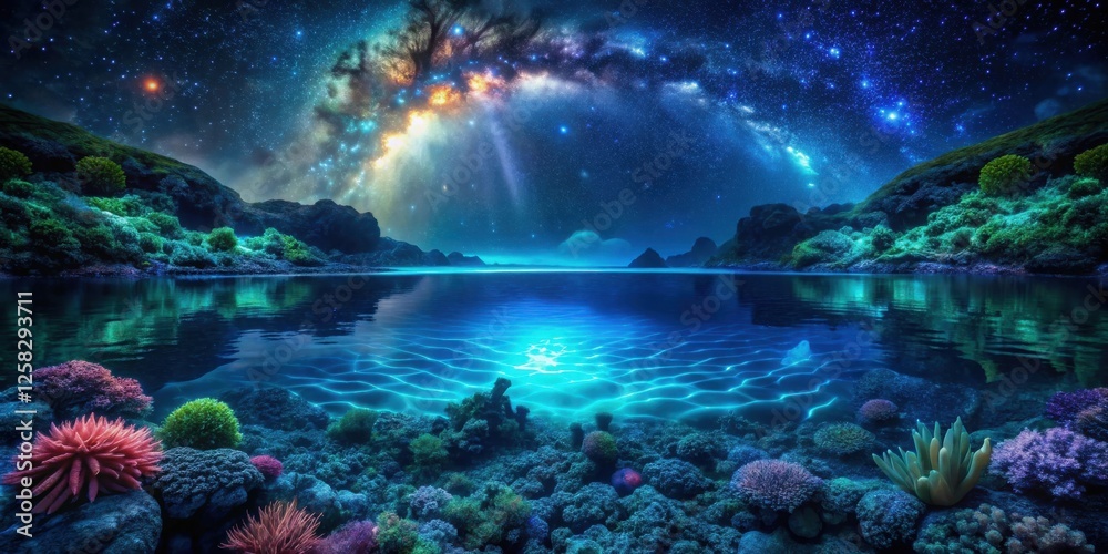 Fototapeta premium Serene Nightscape A Tranquil Bay Under a Celestial Canopy, Lush Vegetation and Vibrant Coral Reefs