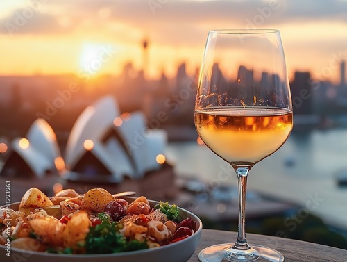 Sunset dinner with wine and seafood in sydney australia - scenic view of the opera house and city skyline photo