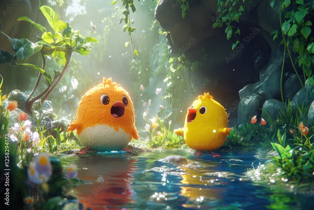 Fluffy chicks singing, forest stream, magical background, animation Fluffy chicks singing, forest stream, magical background, animation