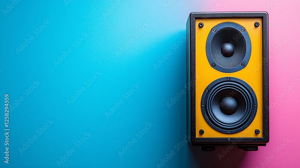 Vibrant speaker on a colorful background, showcasing sound equipment in a modern setting Vibrant speaker on a colorful background, showcasing sound equipment in a modern setting