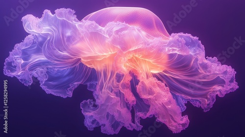 Illuminated jellyfish floats in aquarium, purple background, ocean life