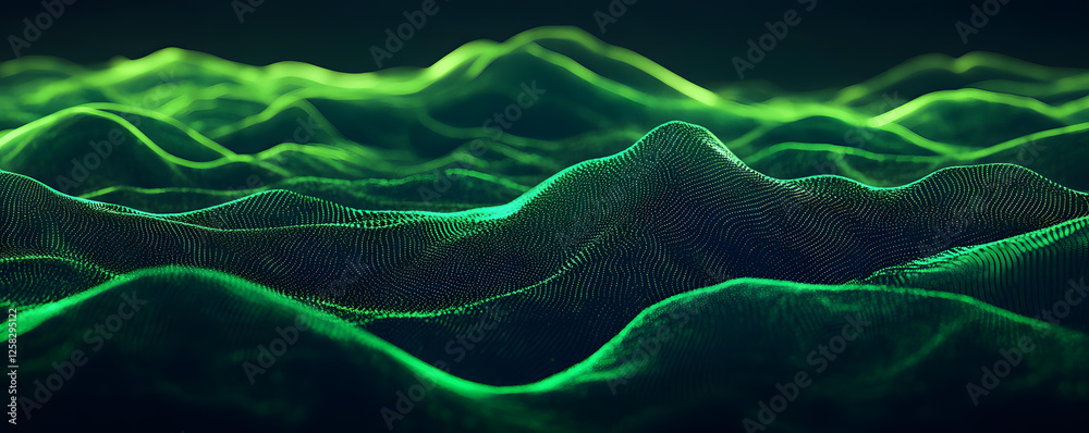 Fototapeta premium Abstract Green Digital Landscape of Rolling Hills and Waves of Data