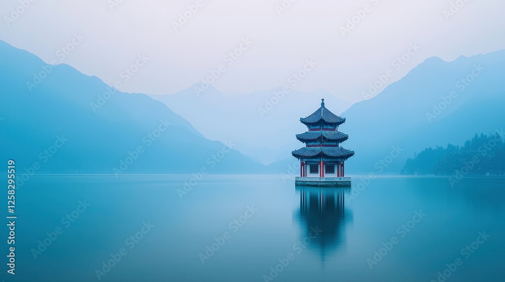 Obraz premium serene pagoda stands alone in middle of calm lake, surrounded by misty mountains, creating tranquil and peaceful atmosphere