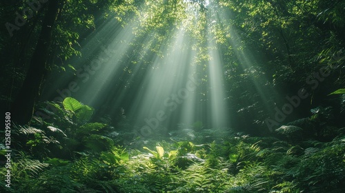 Serene forest scene with sunlight filtering through dense foliage, illuminating lush green undergrowth