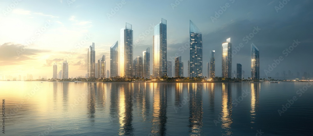 Fototapeta premium Coastal City Skyline Sunrise Reflection