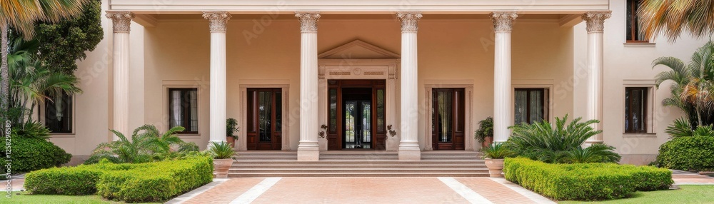 Fototapeta premium A grand entrance featuring tall columns, elegant architecture, and lush greenery, creating a welcoming and luxurious atmosphere.