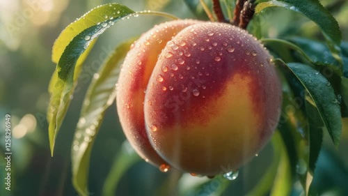 Fresh peaches glisten with morning dew in a vibrant orchard showcasing nature's bounty in a sunlit setting