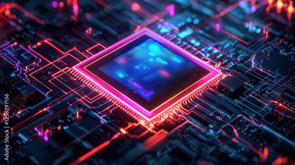 Obraz premium Glowing CPU on Circuit Board, Digital Data Flow, Tech Background, AI Concept
