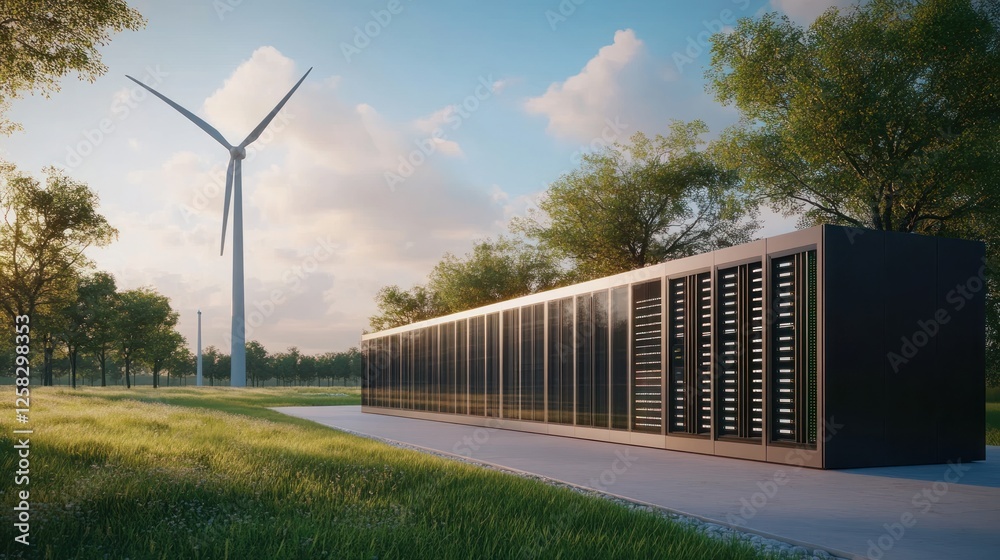 Green energy storage facility with wind turbine. Green energy storage facility with wind turbine.
