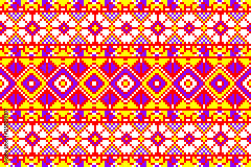 Pixel art ethnic, Pattern fabric pixel, design for background, clothing, decorative, drapery, cloth embroidery, geometric pixel art, handcraft, wallpaper, carpet, bag, card, cushions, Print, ethnic