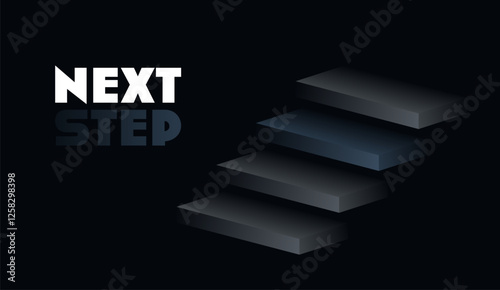 Business concept of next step in minimalist futuristic style. illustration demonstrates Illuminated steps against a dark background. Design of movement toward a goal, progress and transition.