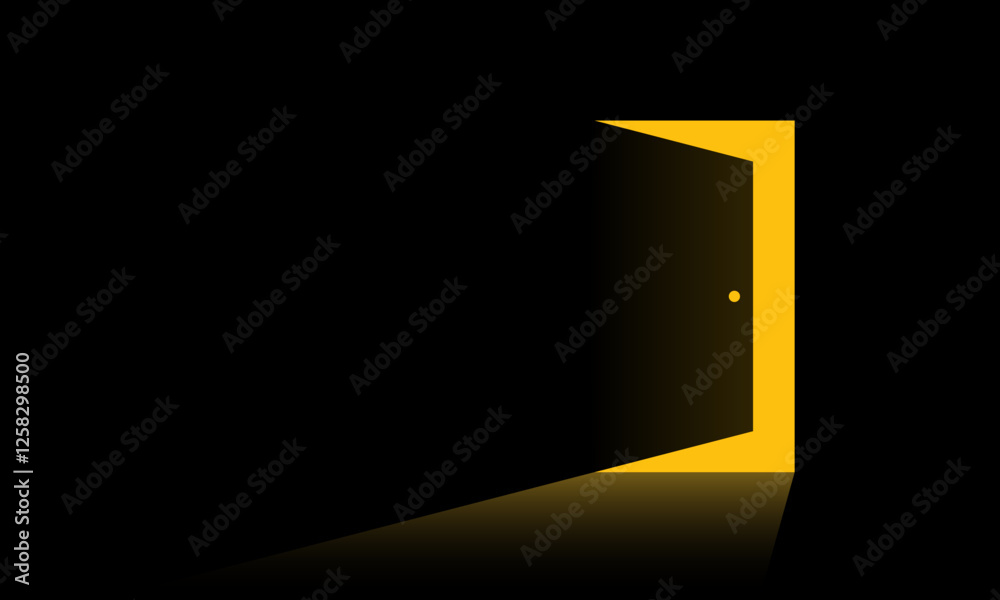 Minimalist digital illustration of a partially opened door casting yellow light into darkness. Business concept of new possibilities, finding new solutions, hope and exit. Vector illustration