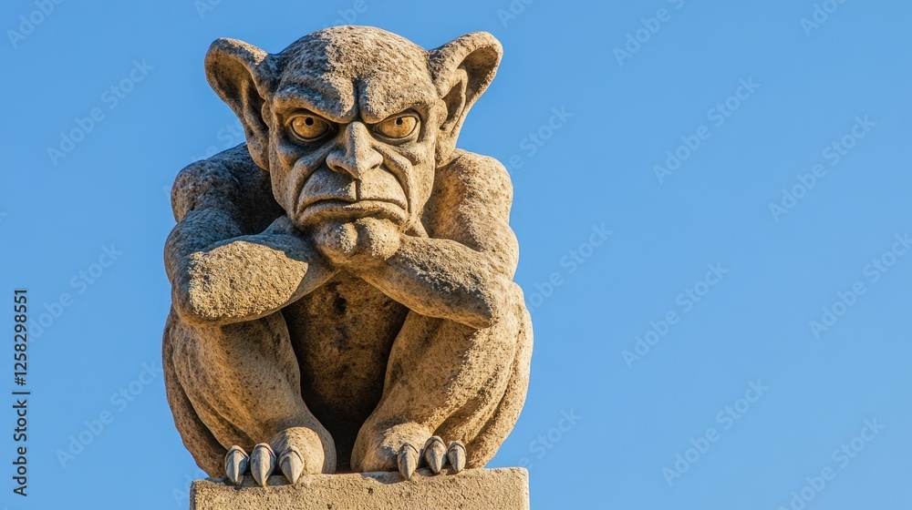 Fototapeta premium Stone Gargoyle Perched Outdoors, Blue Sky, Gothic Architecture