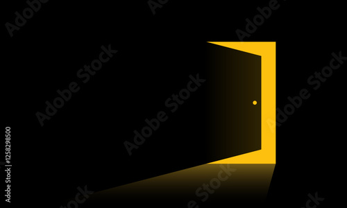 Minimalist digital illustration of a partially opened door casting yellow light into darkness. Business concept of new possibilities, finding new solutions, hope and exit. Vector illustration