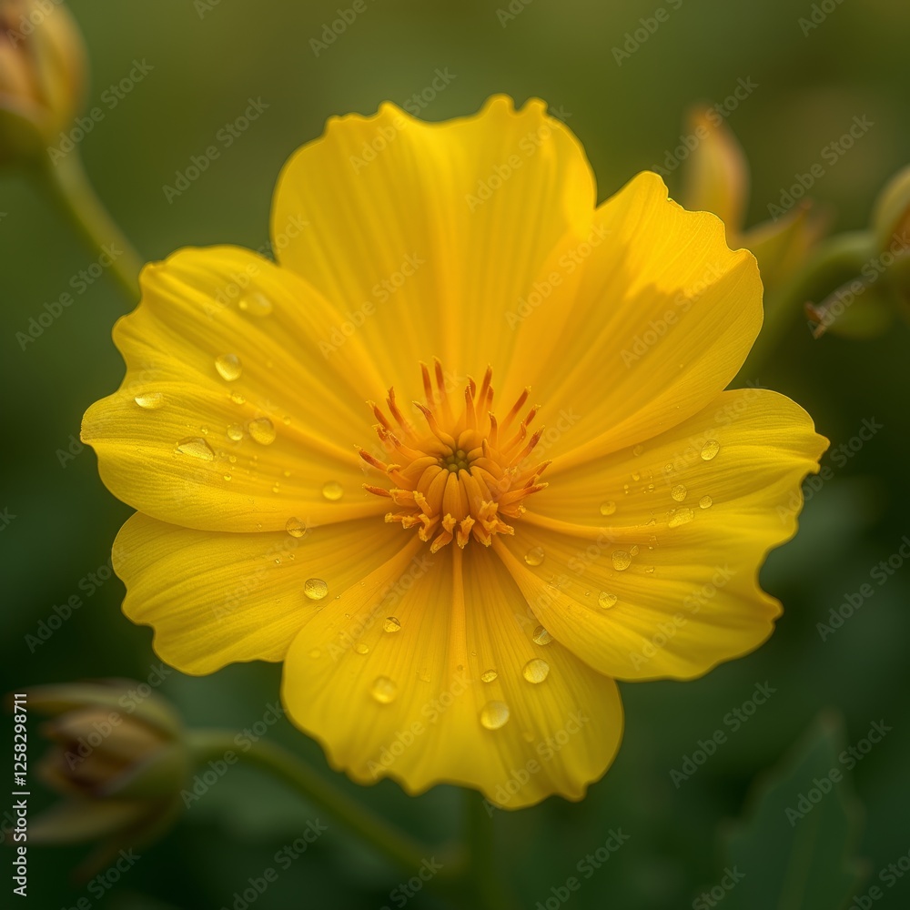 Obraz premium A delicate yellow flower with water droplets glistening in the sunlight