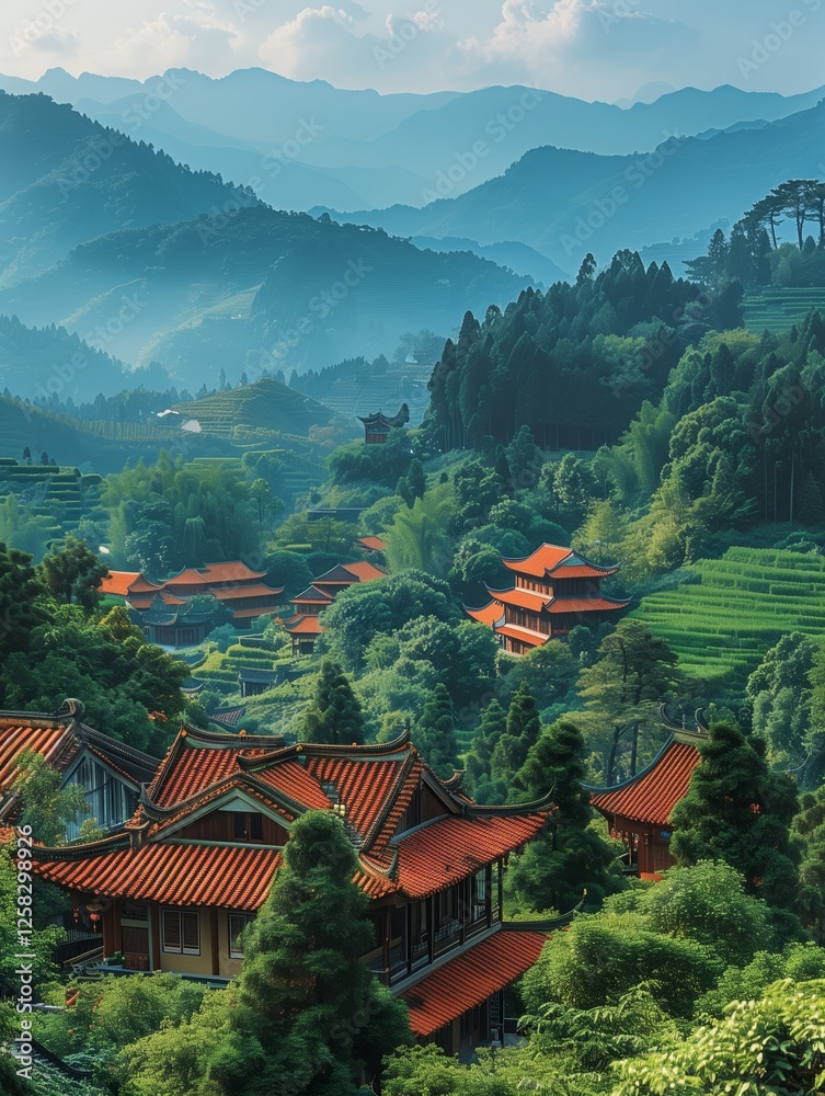 The scene features a traditional village with quaint houses and tiled roofs, nestled among lush, green forests. Terraced hillsides planted with crops rise in the background, with distant mountains The scene features a traditional village with quaint houses and tiled roofs, nestled among lush, green forests. Terraced hillsides planted with crops rise in the background, with distant mountains