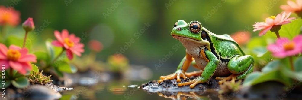 Fototapeta premium Frog in a garden surrounded by flowers, flowers, pond, greenery