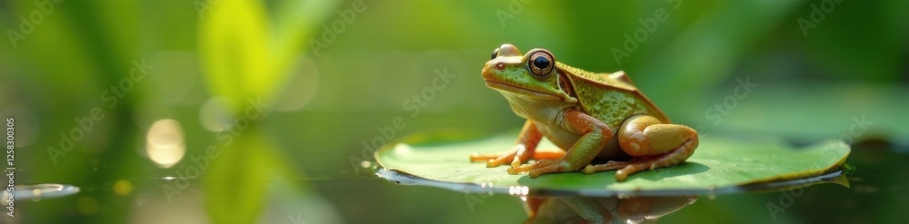 Fototapeta premium Frog perched on a lily pad in the morning dew, pond, reflection, calm
