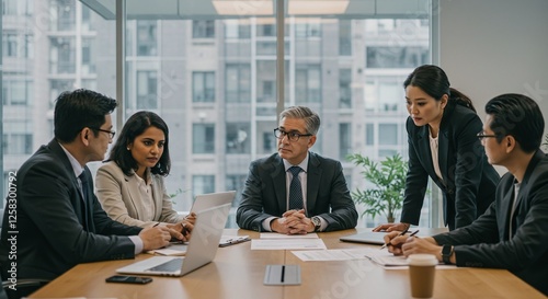 An intern receiving guidance from a senior employee in a corporate office setting, featuring two or three colleagues, Professional attire, casual atmosphere, natural expressions, Office lighting,