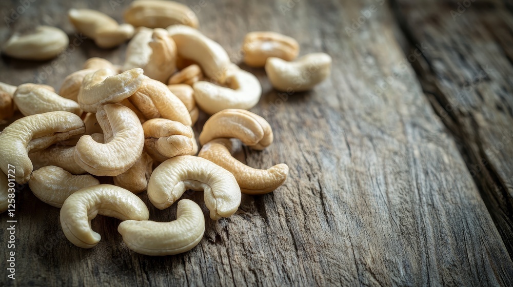 Cashew close-up shot on weathered wood background Cashew close-up shot on weathered wood background