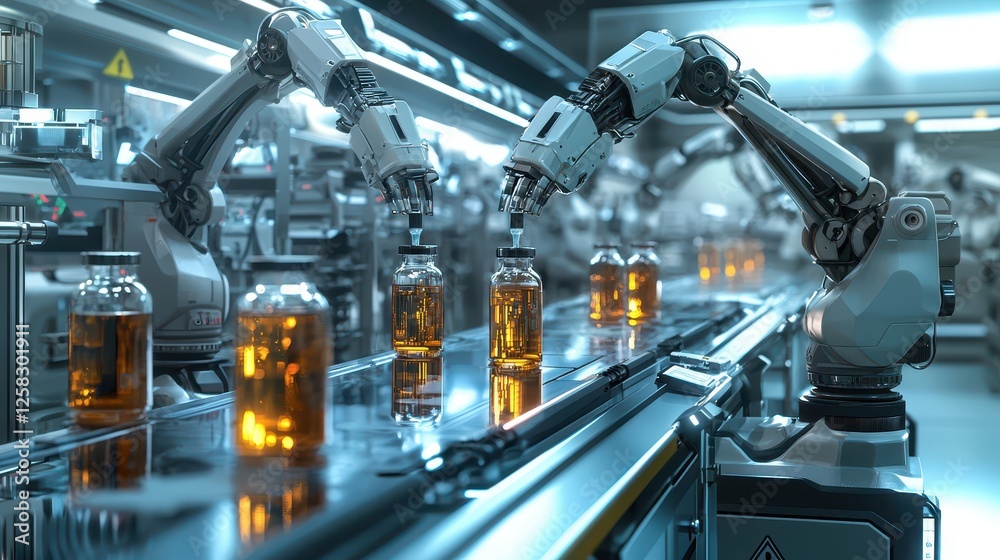 Robotic Arms in a Gleaming Pharmaceutical Factory Assembly Line for Bottling and Packaging Medicinal Solutions
