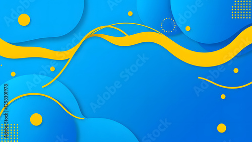 Abstract blue vector background with yellow lines and floral patterns, resembling a waving flag design
