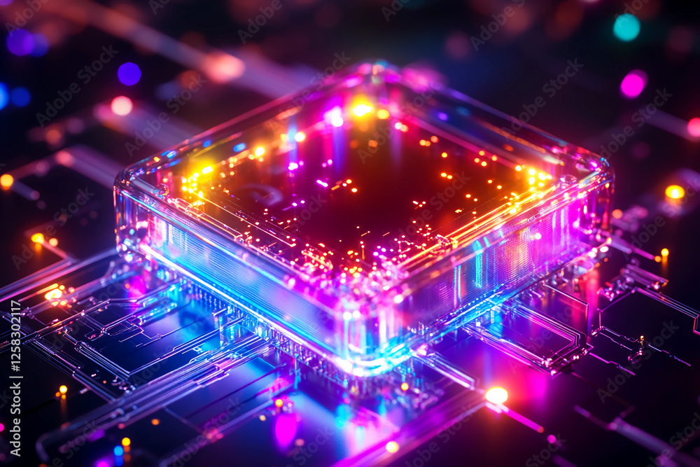 Fototapeta premium Quantum expansion card with transparent casing displaying a detailed quantum processor, quantum gates, and interconnected wires in a futuristic technology setting