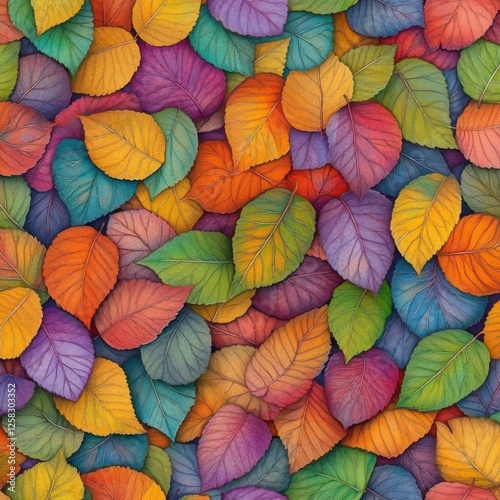 A seamless fall background pattern composed of vibrantly colored autumn leaves, arranged organically in a rich tapestry of seasonal beauty