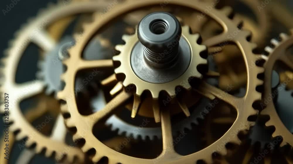 Shiny brass gears interlocking and rotating in a mesmerizing mechanical display Shiny brass gears interlocking and rotating in a mesmerizing mechanical display