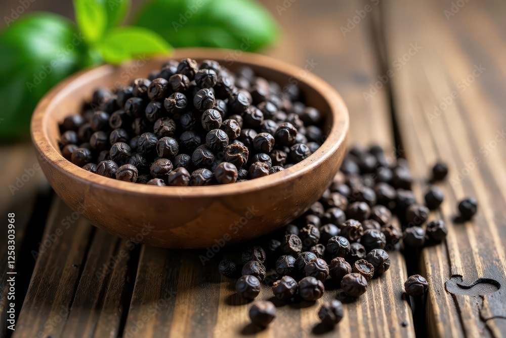 Bowl of black pepper on a rustic wooden table, simple, natural Bowl of black pepper on a rustic wooden table, simple, natural
