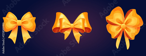 Set of large realistic bows. Vector illustration of a yellow satin bow on a dark isolated background. Elegant ribbon bow with complex shapes and volume.