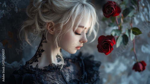 Wallpaper Mural Portrait of a woman with rose backdrop in a moody atmosphere Torontodigital.ca