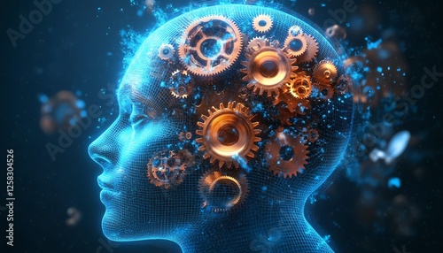 Wallpaper Mural Human head with gears turning inside, blue glowing background, sleek futuristic tech elements, highdetail digital illustration Torontodigital.ca
