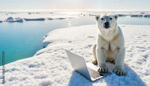 Curious polar bear using laptop on snowy landscape by icy lake, awareness