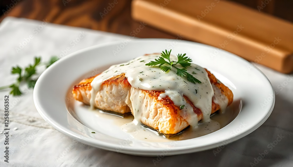 Delicious Salmon with Sauce – Gourmet Dish on a White Plate Delicious Salmon with Sauce – Gourmet Dish on a White Plate