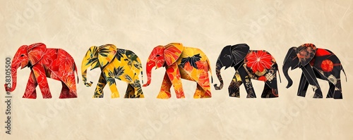  Colorful five Elephants Silhouettes with  traditional folk patterns in red, yellow, and black Floral Patterns on Textured Background. heritage, wisdom, and artistic craftsmanship.