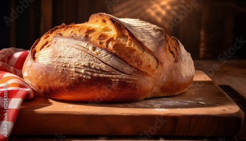 freshly baked loaf of bread on a rustic wood board with a checkered cloth a satisfying culinary nonetheless existence