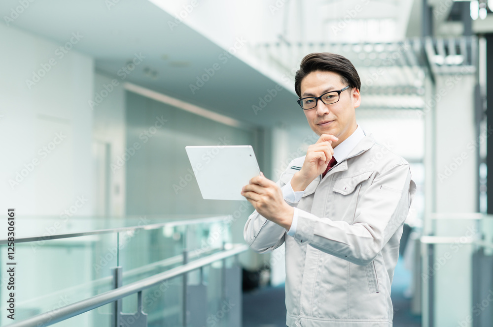 タブレットを使う男性エンジニア【撮影協力:スカパー東京メディアセンター】 タブレットを使う男性エンジニア【撮影協力:スカパー東京メディアセンター】