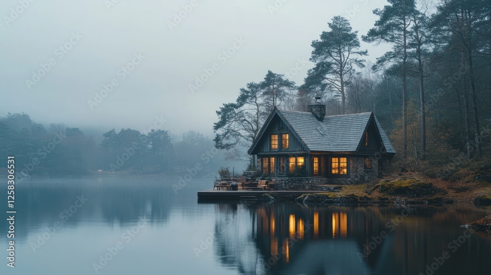 Obraz premium Lakeside cabin glows at twilight, misty forest background, serene escape